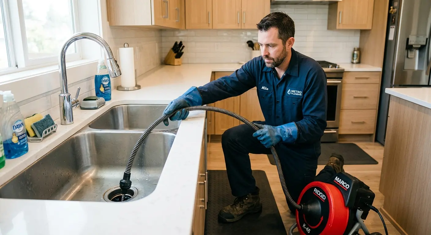 Drain cleaning technician using a motorized snake on a kitchen sink in Harwich