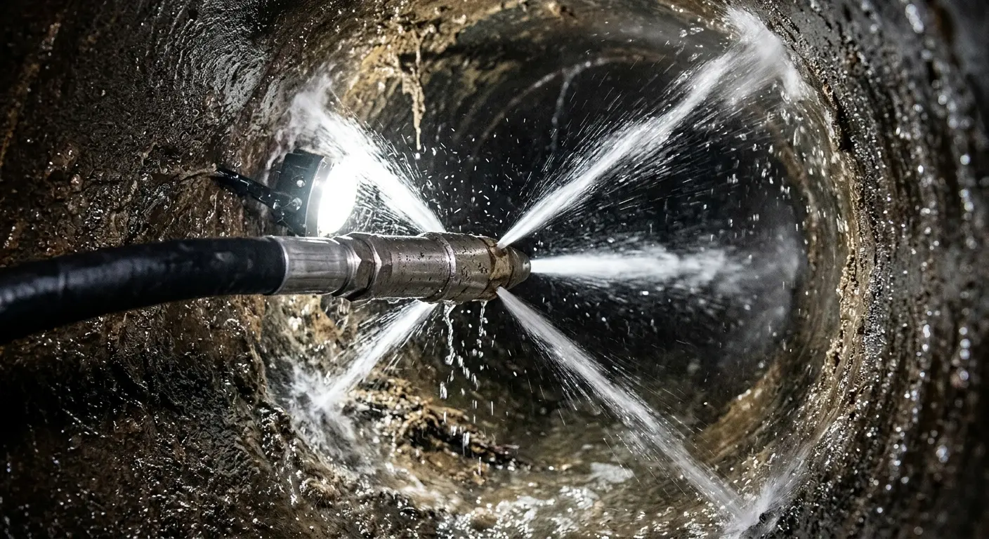 High-pressure hydro jetting nozzle cleaning sewer pipe for Sewer Cleanout in Harwich