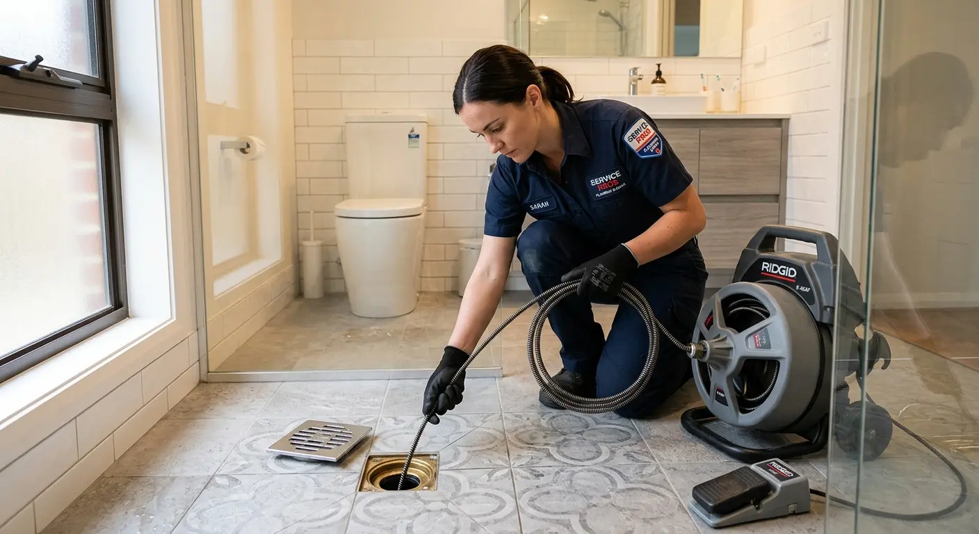 Technician clearing a bathroom floor drain for Sewer Line Replacement in Harwich